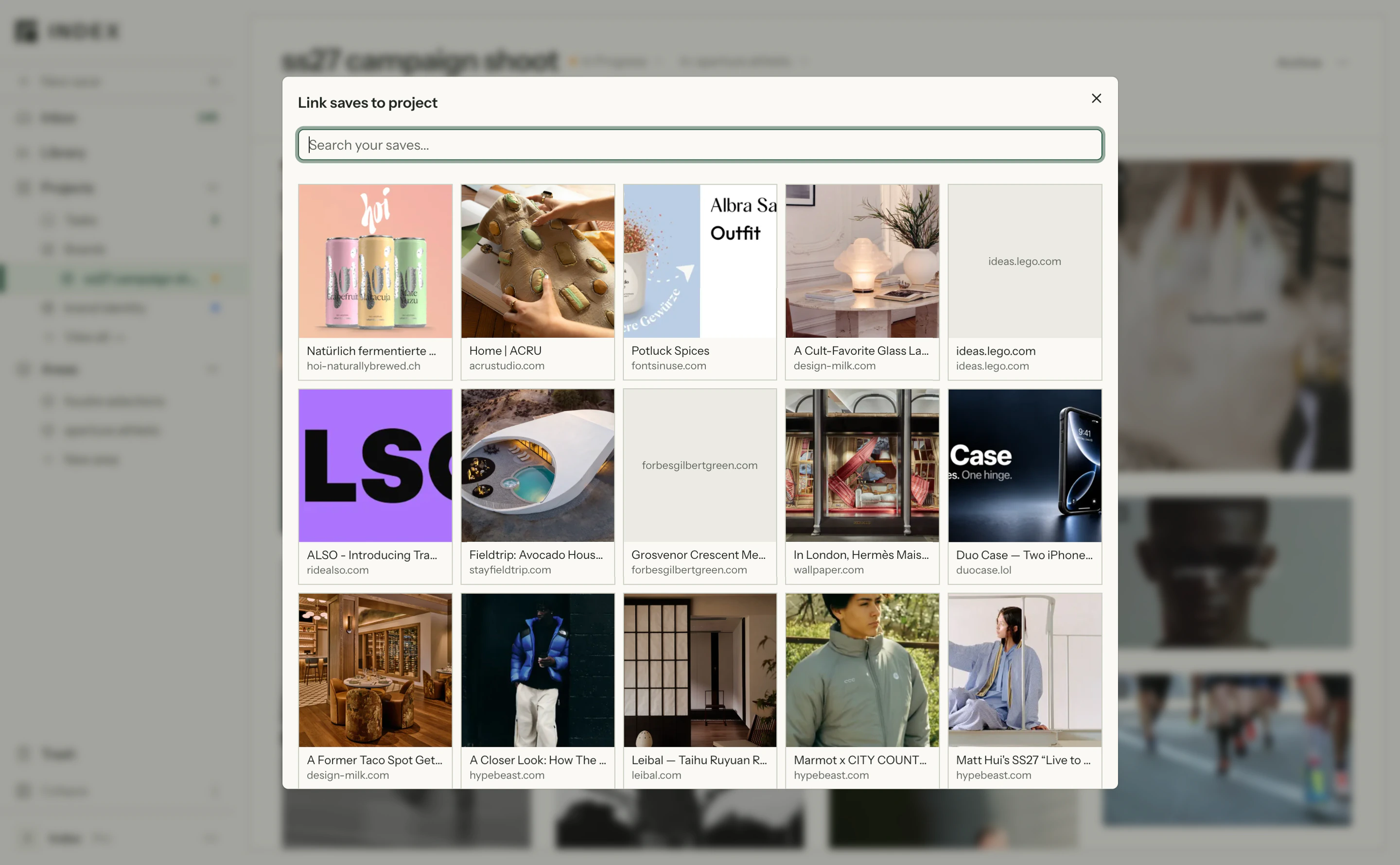 The Link saves to project picker, showing saves from the library to bring into the project.