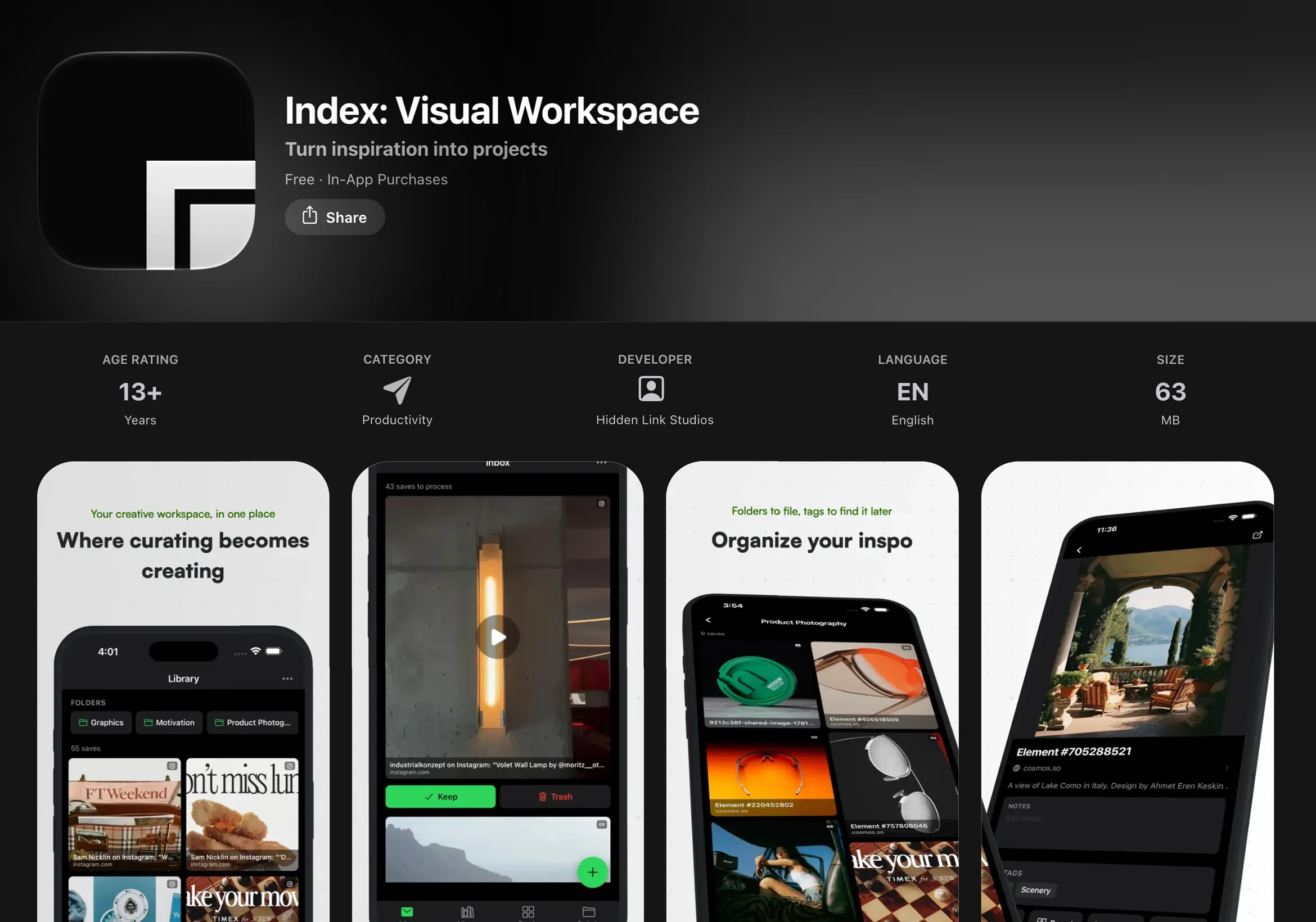 Index: Visual Workspace on the App Store, with screenshots of the iPhone app.