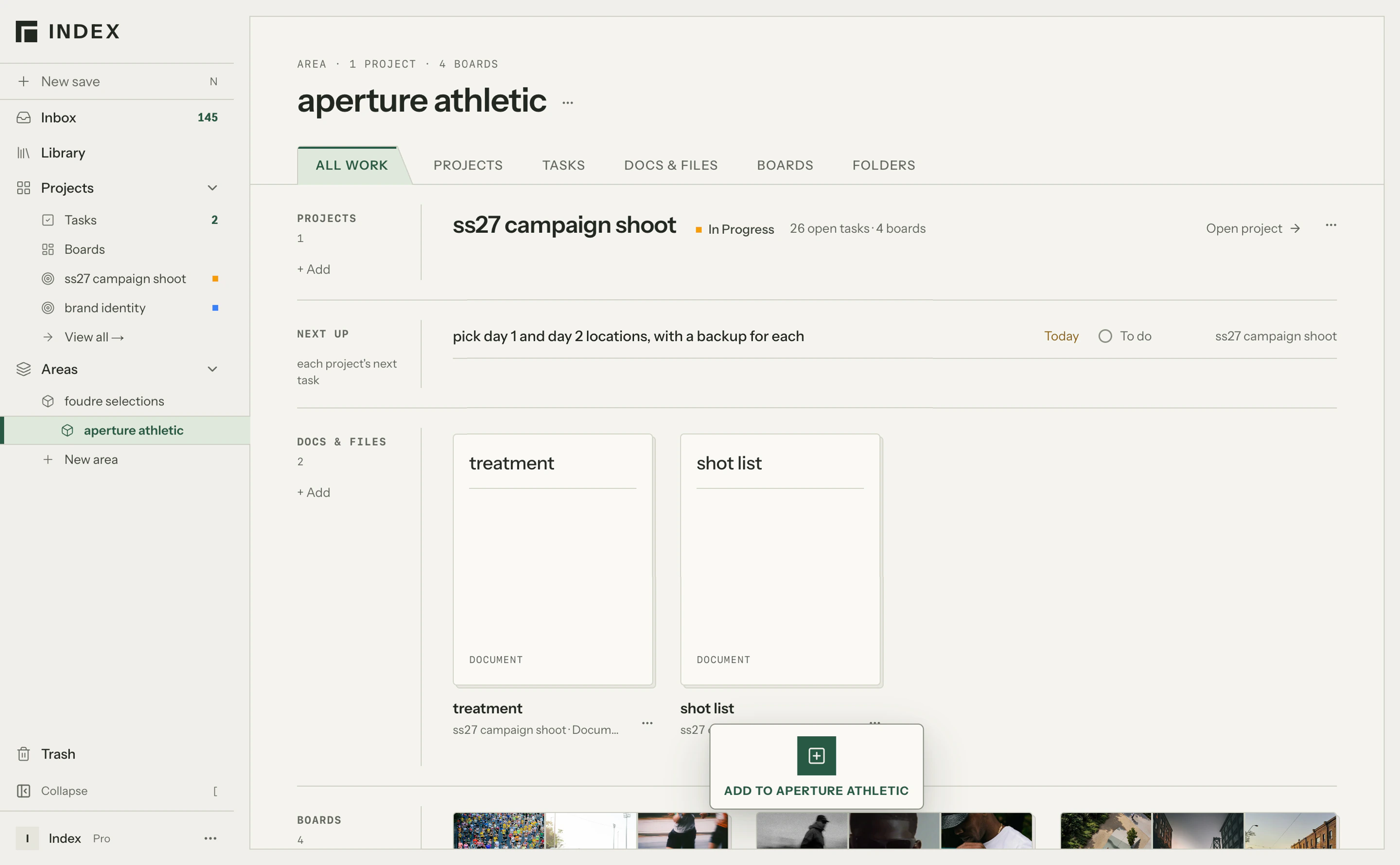The aperture athletic area, holding the ss27 campaign shoot with its next task, docs, and boards.