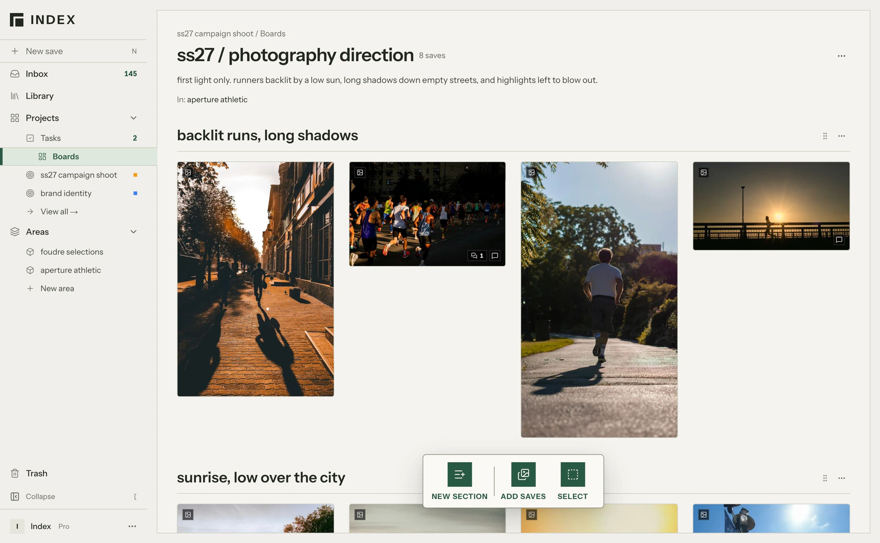The ss27 photography direction board, with its description and a section of backlit running photos.
