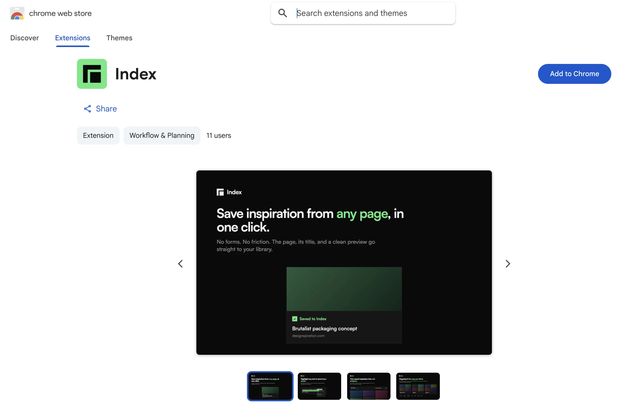 The Index extension on the Chrome Web Store, with its Add to Chrome button.