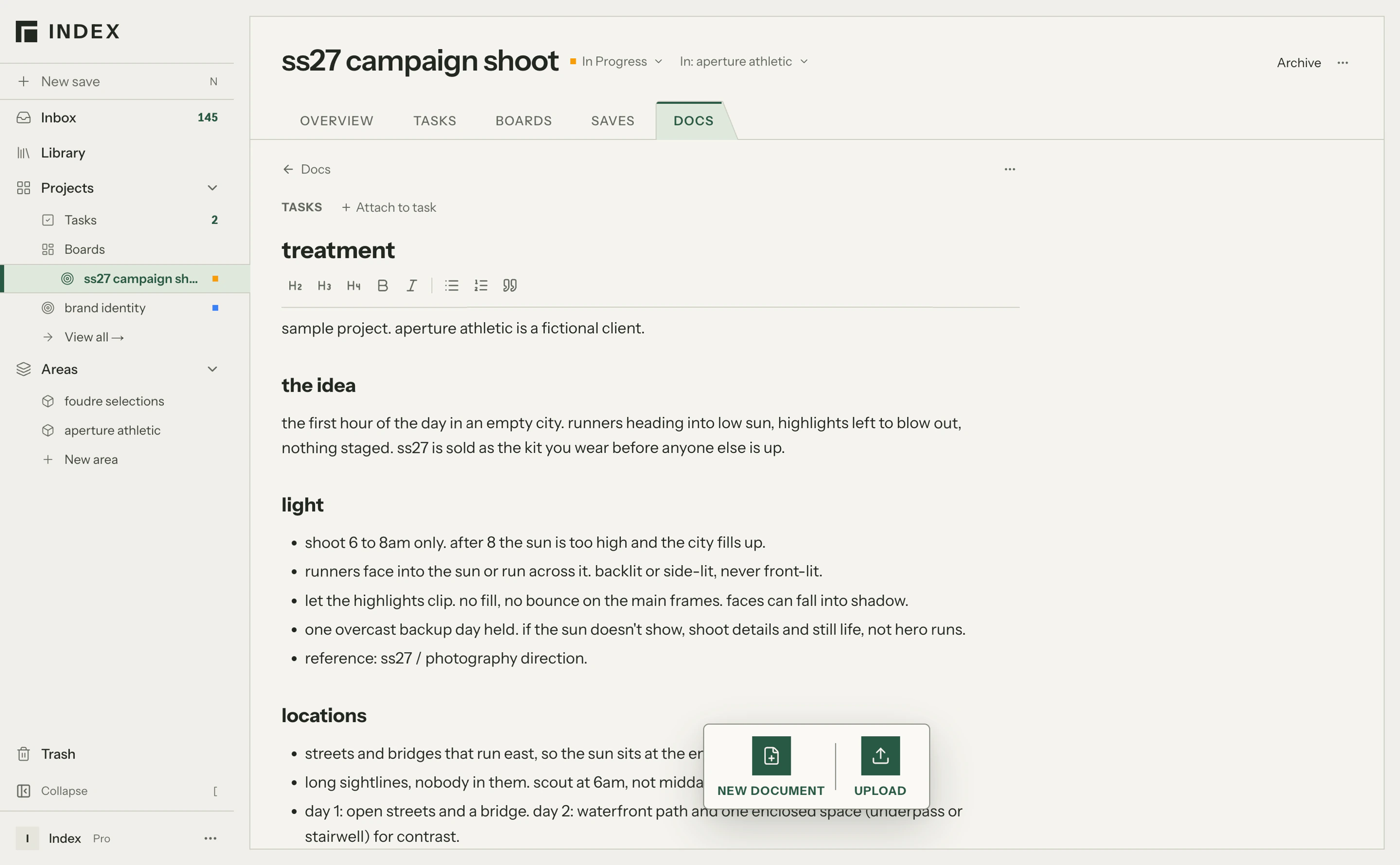 The ss27 treatment document open in the project, with sections for the idea, light, and locations.