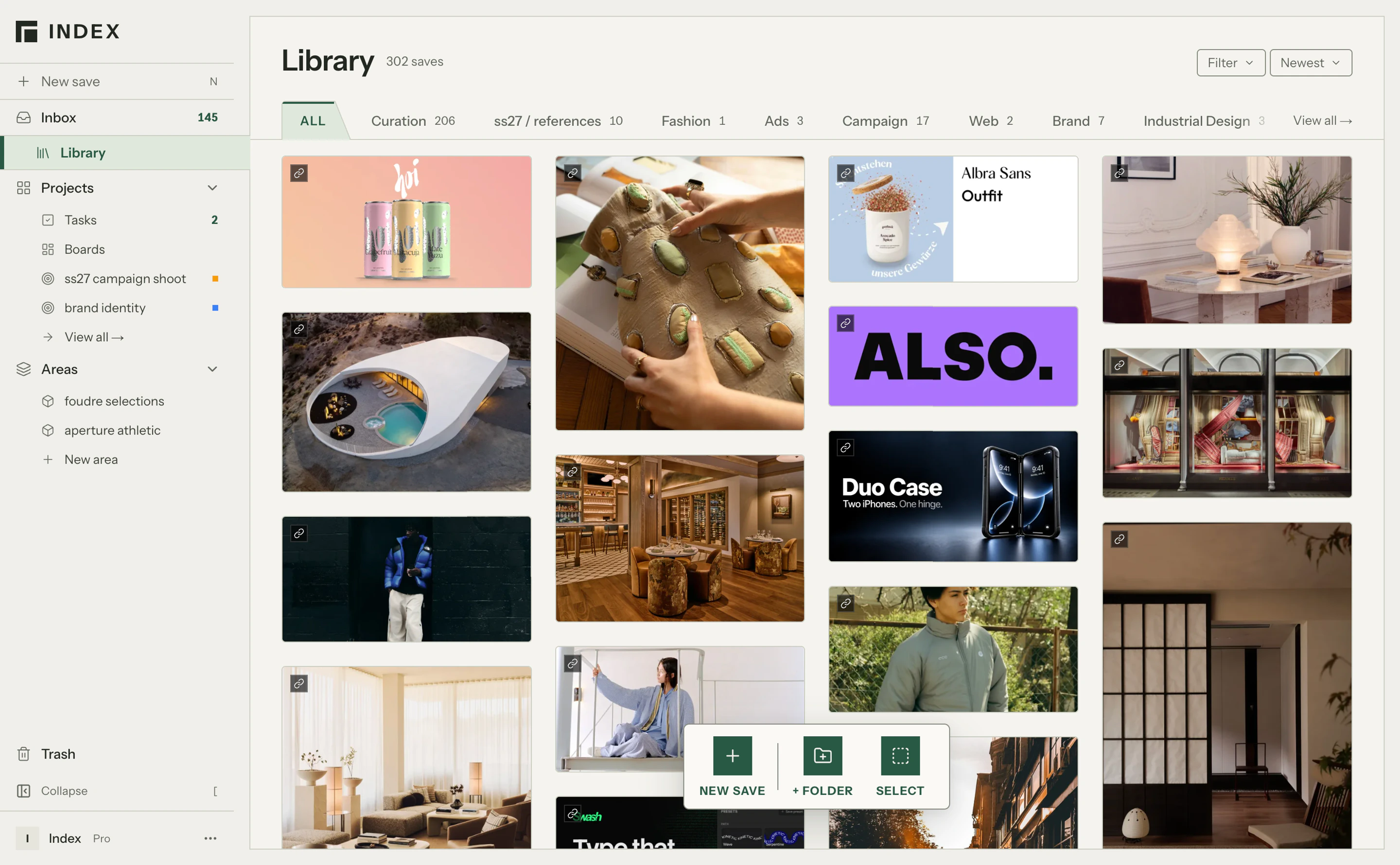 The Index Library in a browser: 302 saves, with folder tabs across the top.