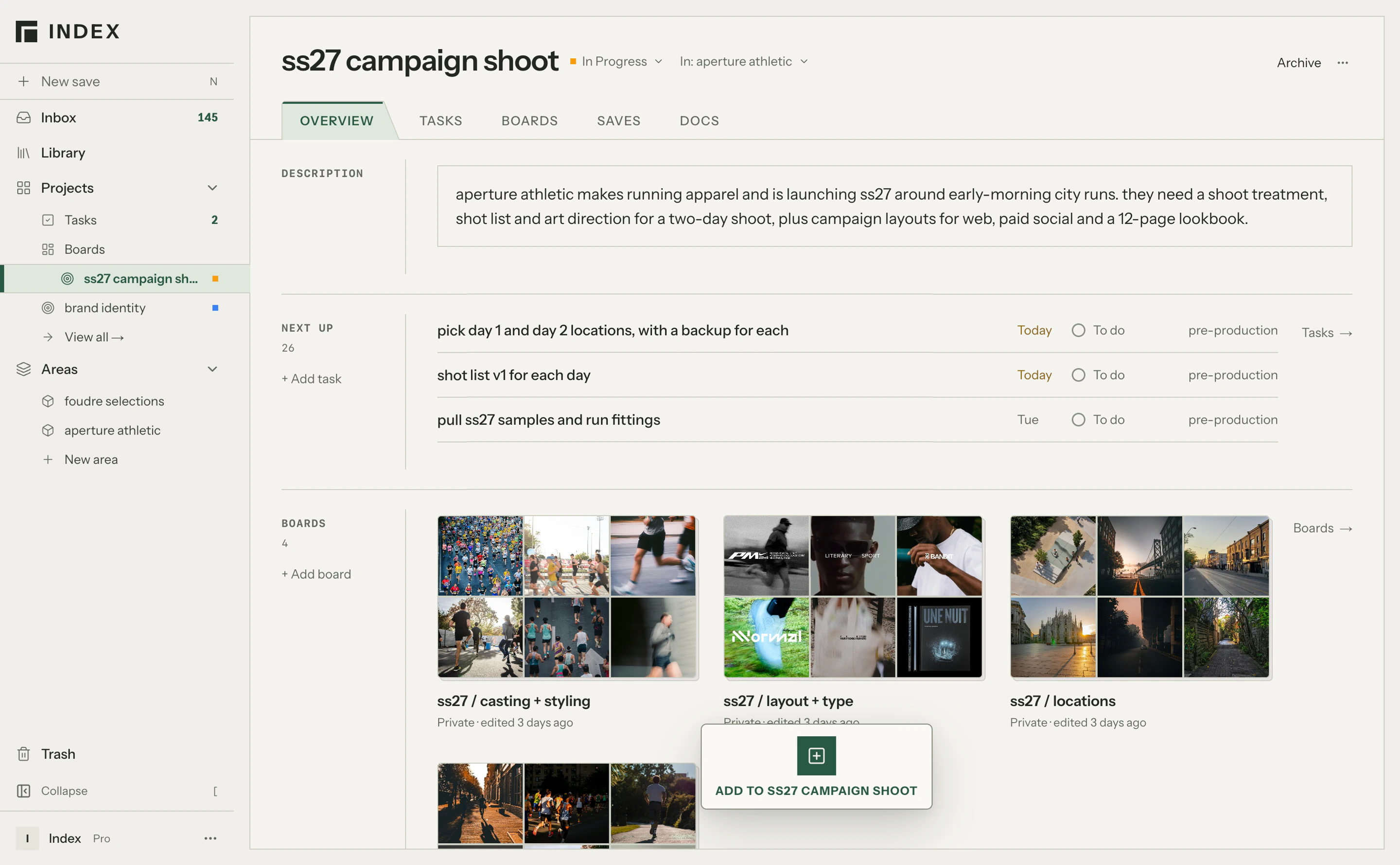 The ss27 campaign shoot project: its description, next tasks, boards, and recent saves.
