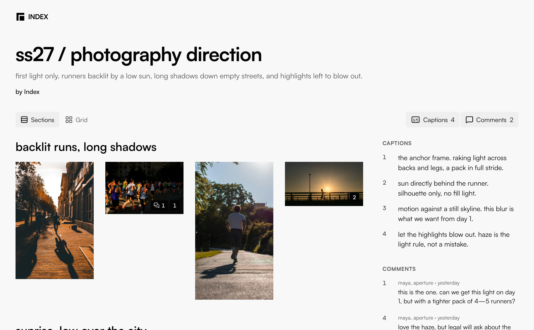 The shared photography direction board, with captions and client comments beside the photos.