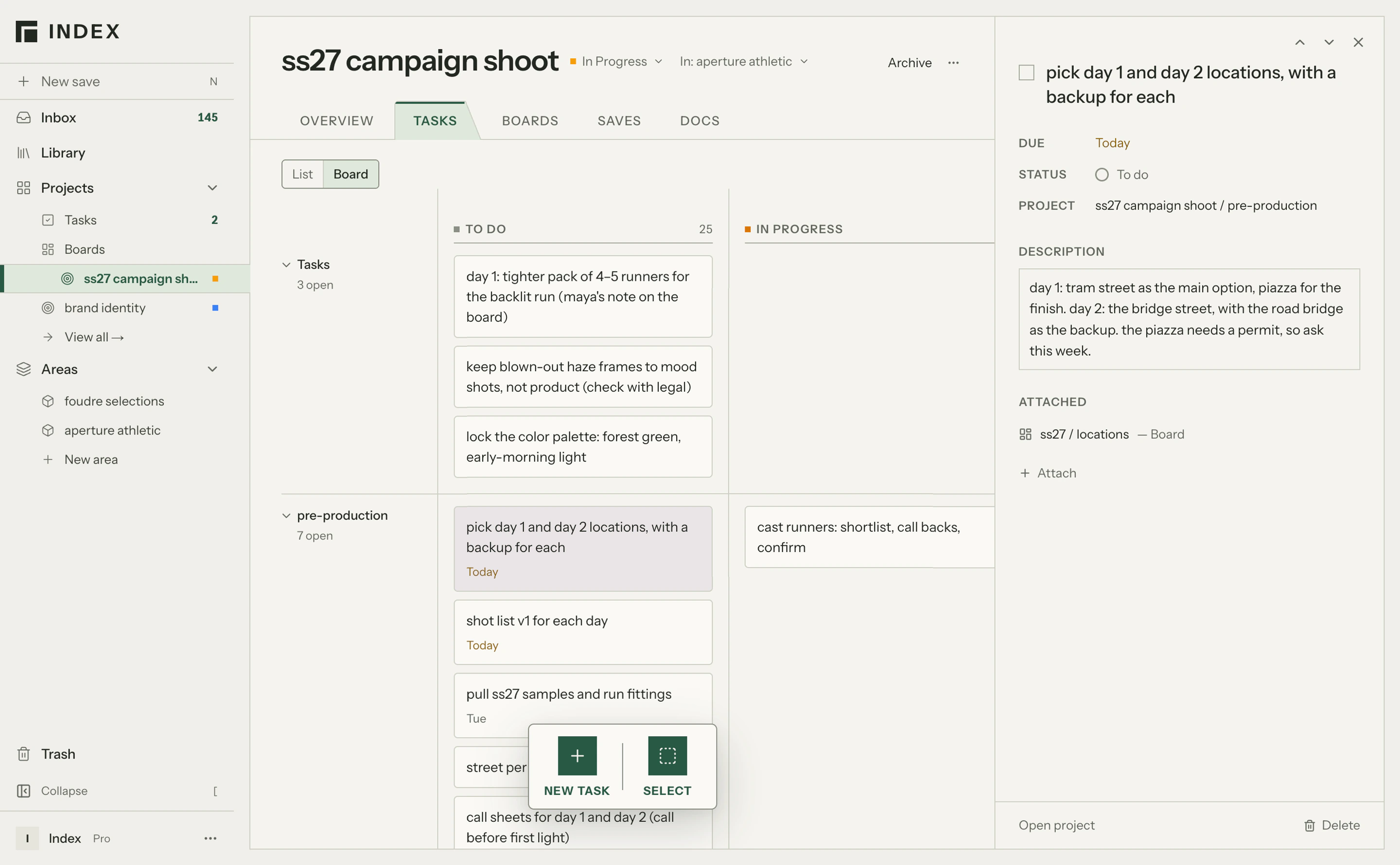 The ss27 tasks on a board by status, with one task open showing its notes and attached board.