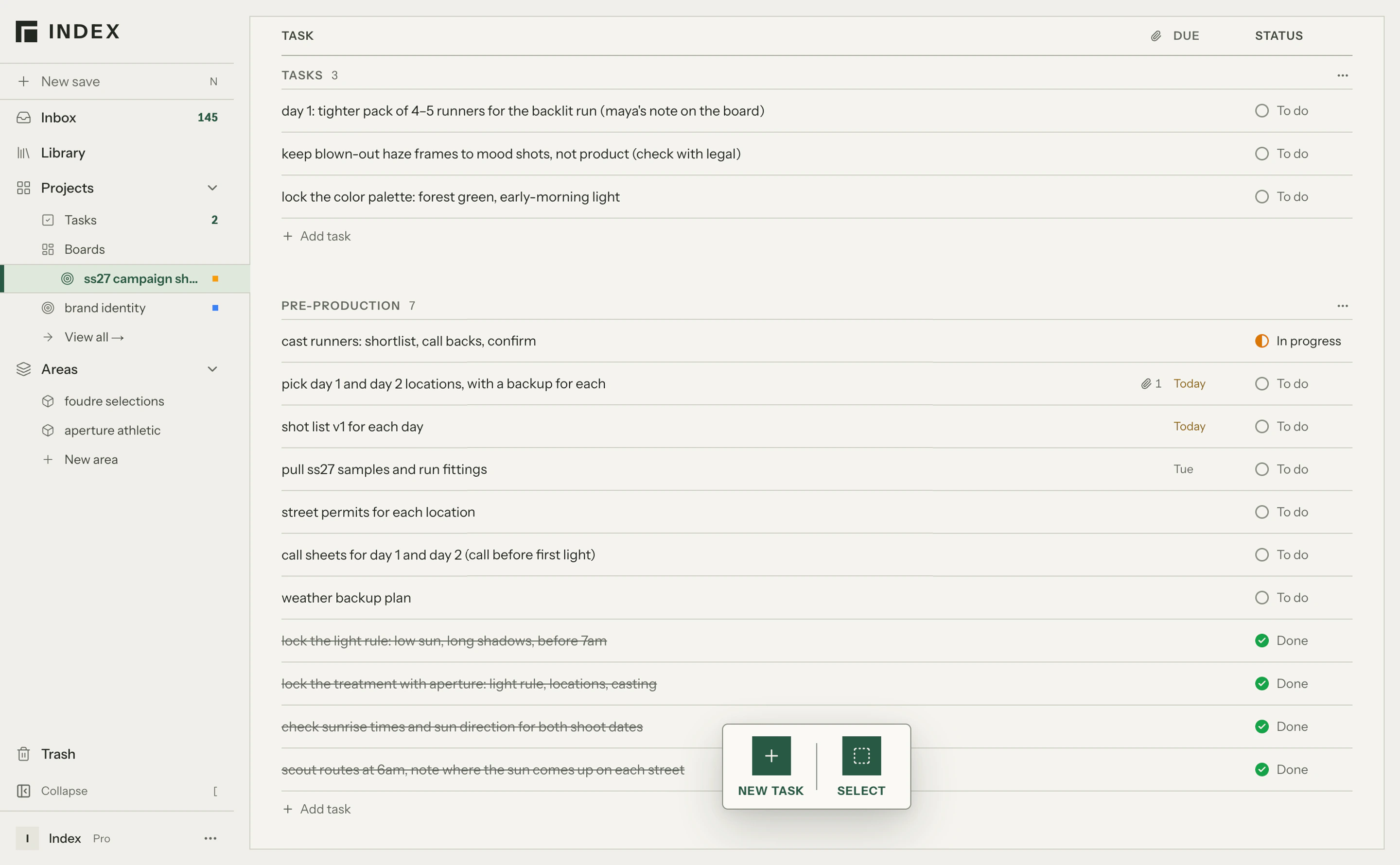 The ss27 task list: the two tasks from the client’s comments and one more, still to do, above pre-production tasks in progress and done.